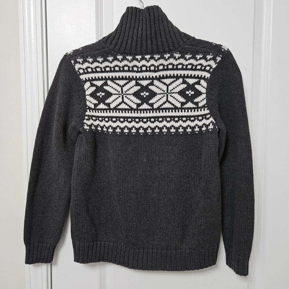 OshKosh B'gosh Sweater Kids 10/12 Gray Fair Isle Snowflake Shawl Collar Cotton